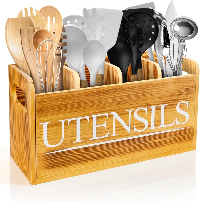 brekle Kitchen Utensil Holder for Kitchen Counter Large Wooden Organizer for Cooking Utensils Utensil Holder Counter Farmhouse Décor (Farmhouse Wooden) - Image 1
